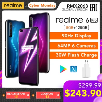 Перейти на Алиэкспресс и купить Смартфон realme 6 Pro 6 Pro, 8 + 128 ГБ, Snapdragon 720G, 30 Вт, 64 мп