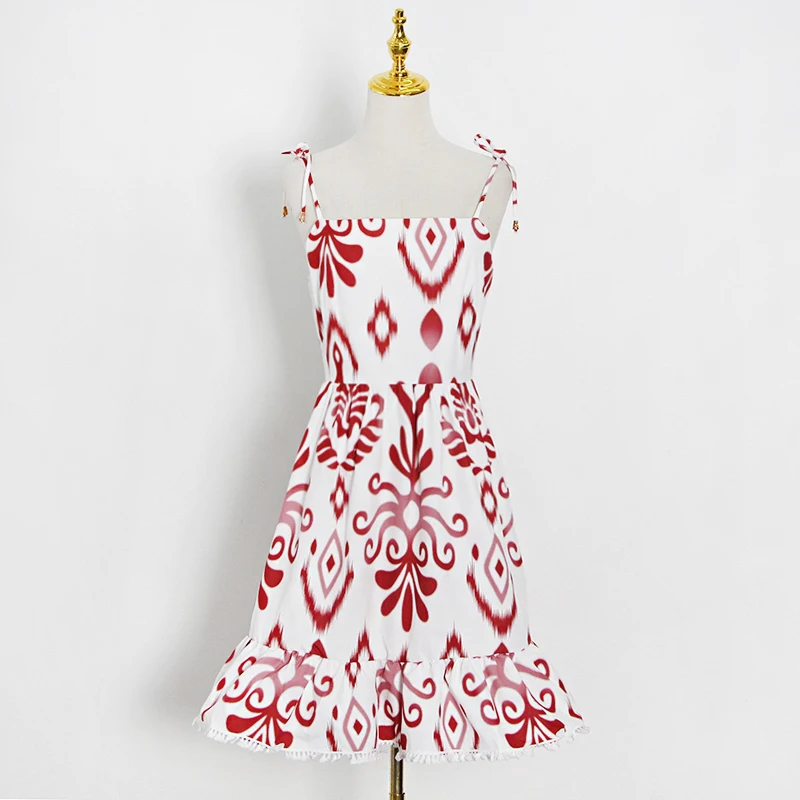 

High Waist Mini Dresses For Women Square Collar Sleeveless Lace Up Bowknot Print Dress Female Fashion New Clothing