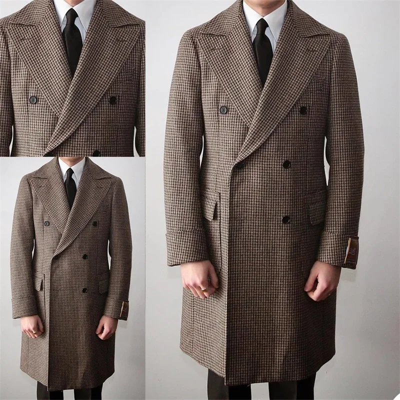 British Style Men Suits Houndstooth Custom Made Men Suits Double Breasted Tuxedos Peaked Lapel Blazer Business Long Coat