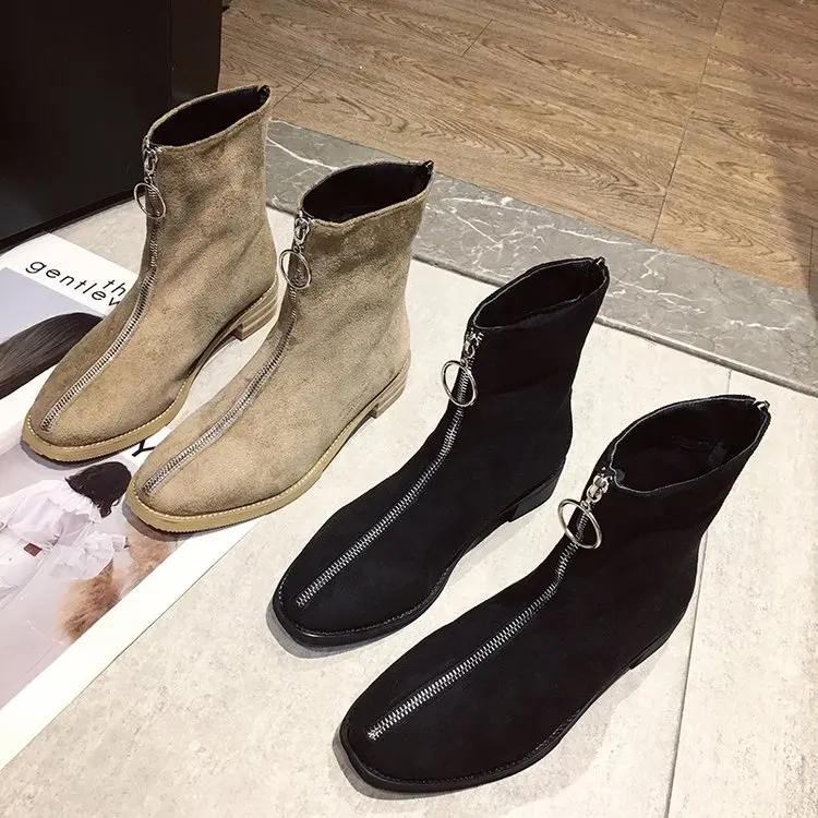 

Zipper Riding Boots Flat Heel Low Heels booties Shoes Booties Ladies Bootee Woman 2019 Luxury Designer Med Rubber Ankle Pointy