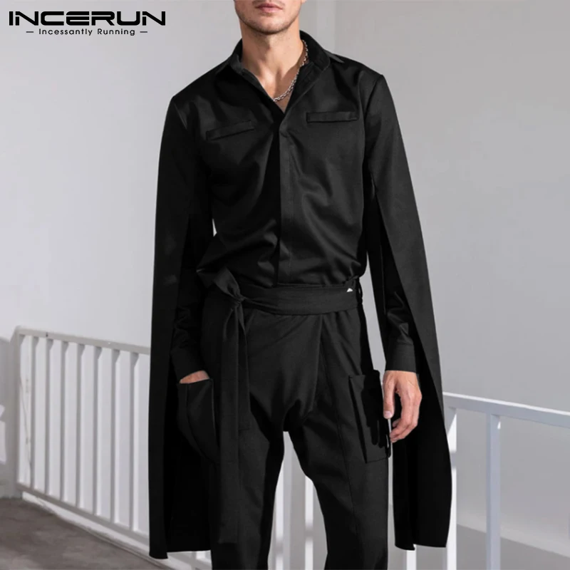 Men Casual Long Sleeve Shirt Lapel Flare Button Solid Color Streetwear