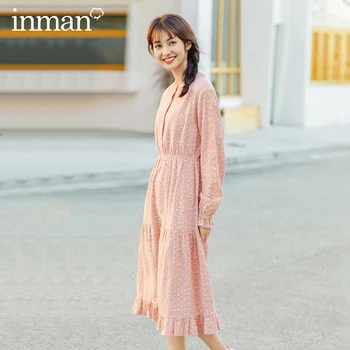 

INMAN 2020 Spring New Arrival Literary Retro Style Round Collar Flower Sleeve Cut Cake A Line Shape Women Dress