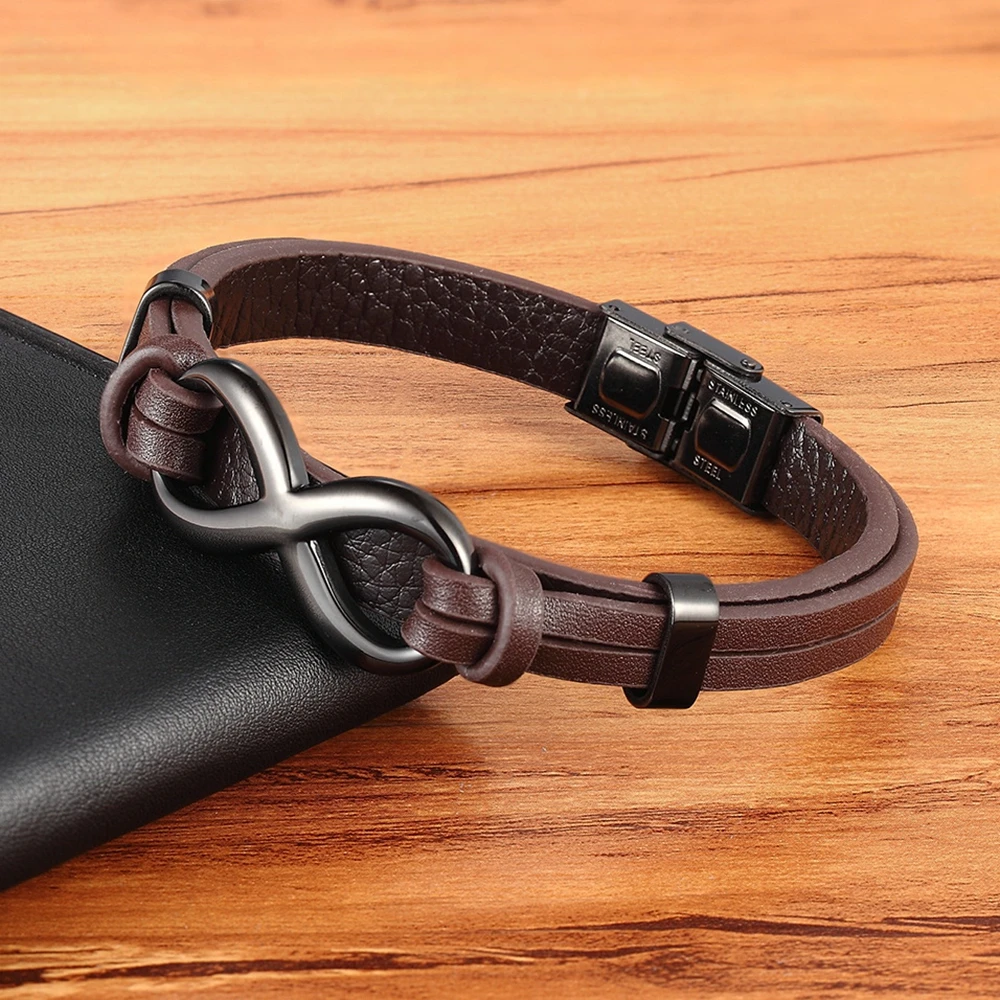 Stainless Steel Leather Bracelet Infinity Logo Special Popular Pattern Men’s Bracelet DIY Size Valentine’s Day Handsome Gift