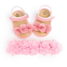 Милые сандалии принцессы с цветочным принтом для новорожденных девочек; летняя повседневная мягкая обувь для кроватки+ повязка на голову; 2 шт.; пляжные сандалии для начинающих ходить