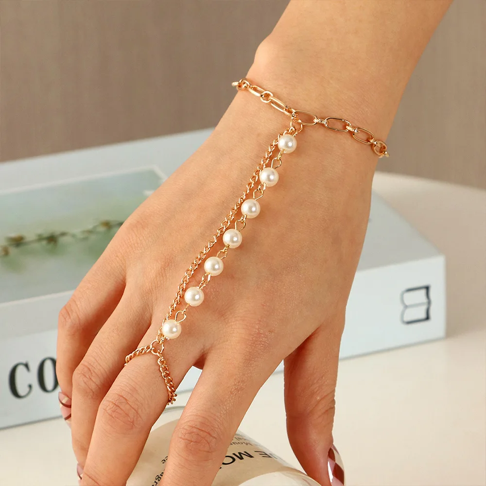 Handmade Pearl Gold Bracelet Long Slave Chain Finger Bracelet Hand