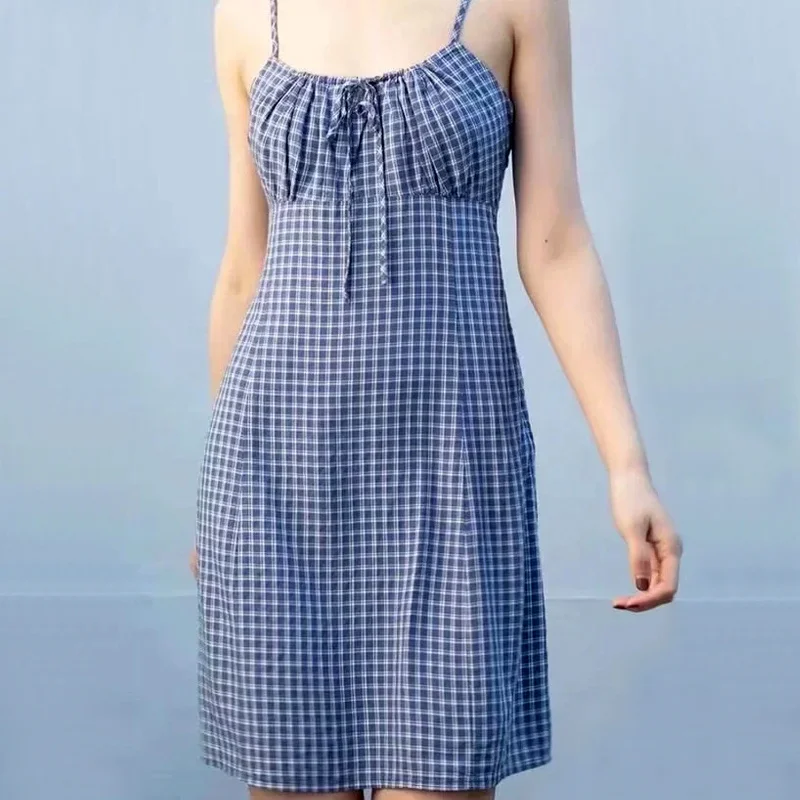 TVVOVVIN Women Flowy Fit Adjustable Strap Plaid Mini Dress With An Invisible Side Zipper And Drawstring Detail TBUB | Женская одежда