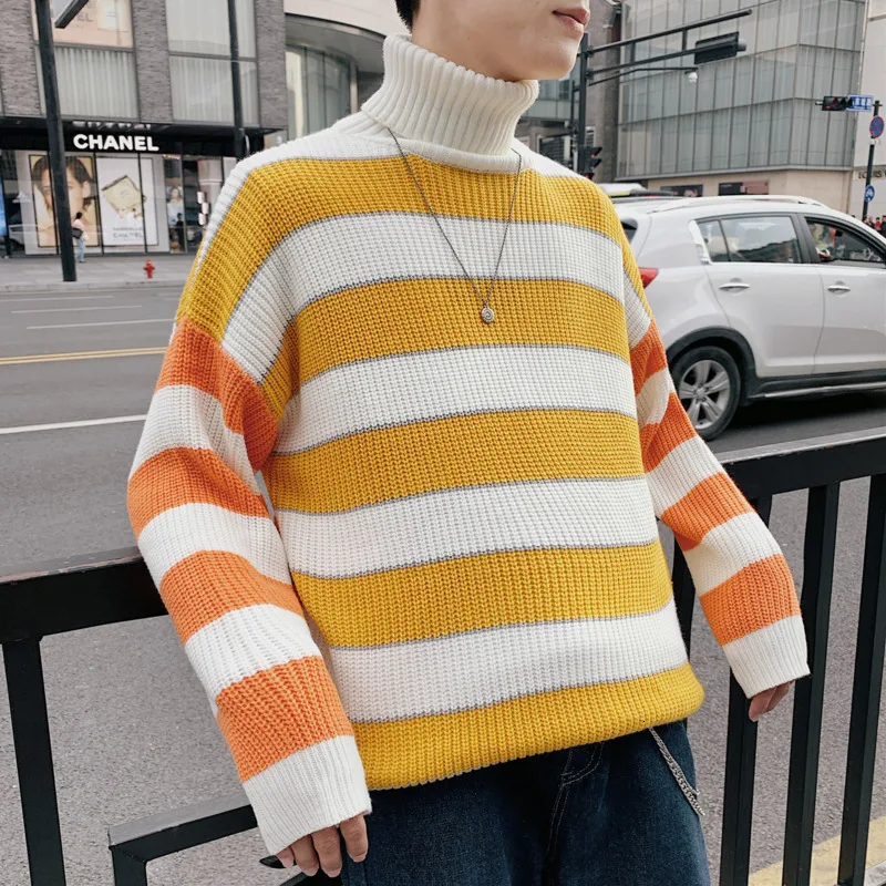 2019 Autumn And Winter Men's New Youth Korean Version Of Casual Stitching Stripes Trend Hit Color Loose Turtleneck Sweater 2019 Autumn And Winter Men's New Youth Korean Version Of Casual Stitching Stripes Trend Hit Color Loose Turtleneck Sweater