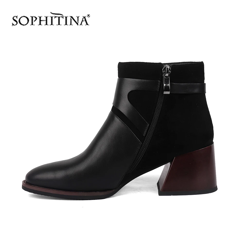 SOPHITINA Comfortable Buckle Boots Square Heel Round Toe Zipper Handmade Round Toe Fashion Shoes New Ankle Women's Boots BY141