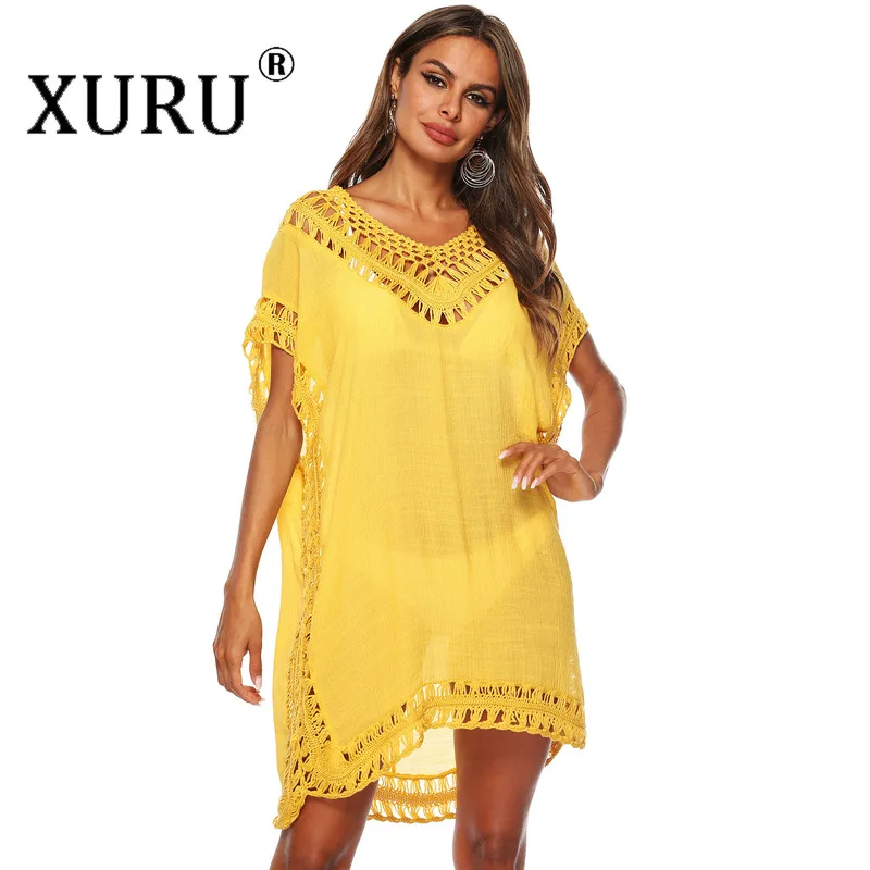

XURU Solid Color V-neck Hand Hook Stitching Sexy Hollow Loose Beach Dress 2020 Summer New Women's Dress