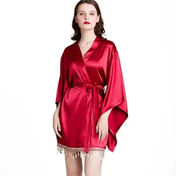

Women Imitation Silk Short Kimono Robe Lace Tassels Batwing Sleeves Nightgown