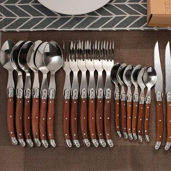 

24-Pieces Laguiole Cutlery set Wood handle Tableware Stainless steel Steak Knives Wooden Japanese Dinnerware Kitchen Accessoreis