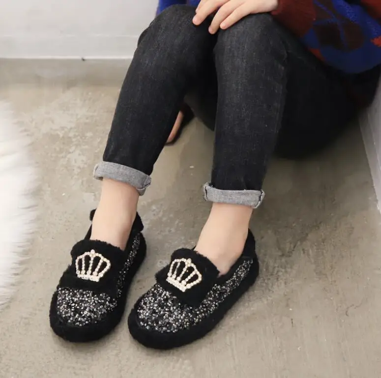 Winter girls doug shoes kids loafers children Princess shoes baby flat kids cotton fur shoes fashion glitter bow lacing