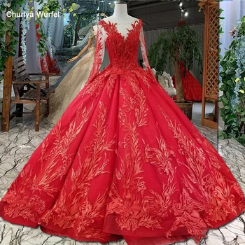 

LS02166 luxury lace ball gown evening dress long tulle sleeve O-neck lace up back appliques evening dress 2018 for wedding party