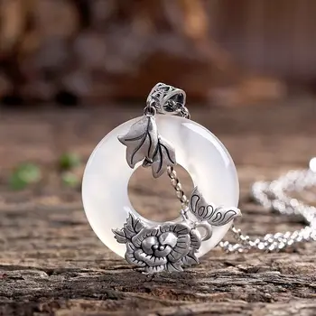

S925 Silver Vintage Lotus Ping An Buckle White Jade Agate Female Pendant