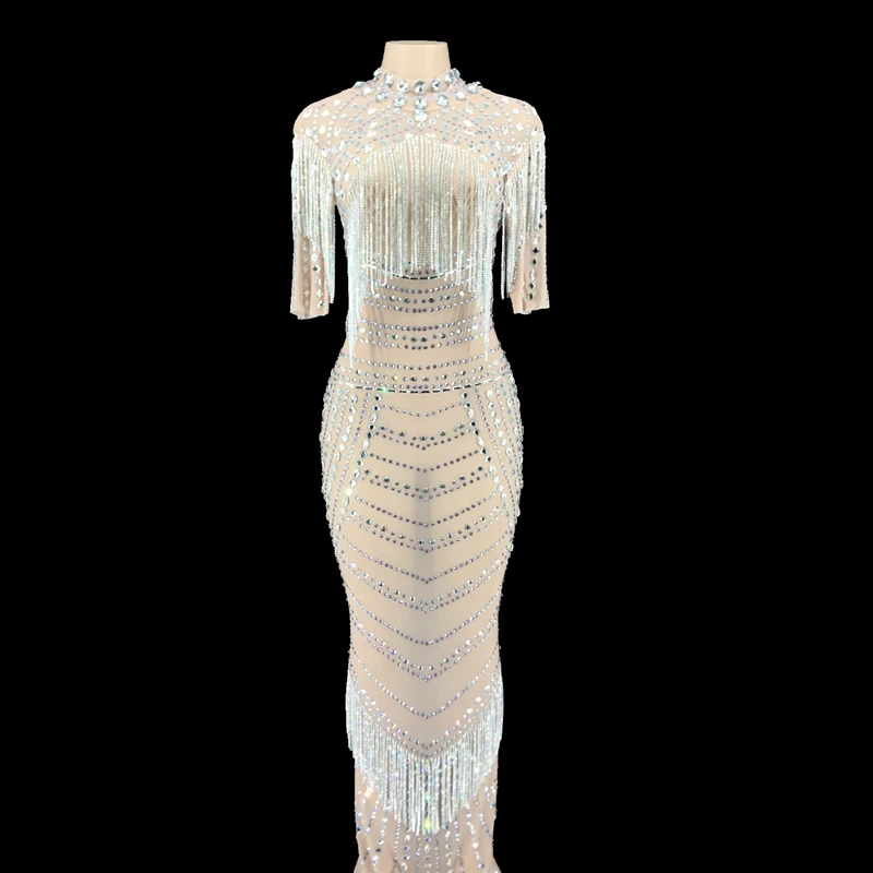 Роскошное Сетчатое длинное платье с серебряными кристаллами и цепочками женское