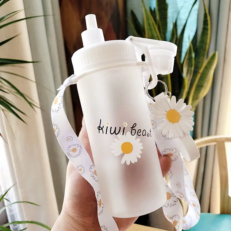 500ml Kawaii Small Daisies Milk Water Bottle With Straw Portable Leakproof Frosted Glass Fashion Cute Drinking Coffee Cup