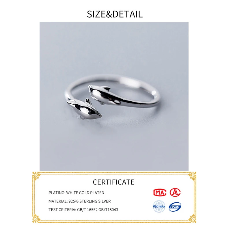 925 Sterling Silver Dolphin Opening Ring For Fashion Women Fine Jewelry Minimalist Accessories Gift