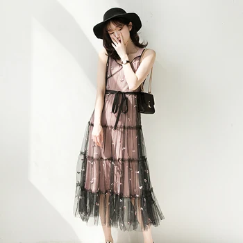 

Pink sundress with black embroidered lace