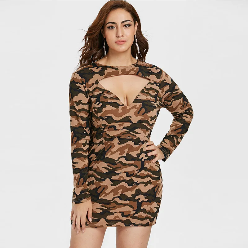 

ROSEGAL Large Size Camouflage Mini Sheath Dress V Collar Long Sleeves Camo Dress Women Sexy Fan Collar Military Style Club Dress