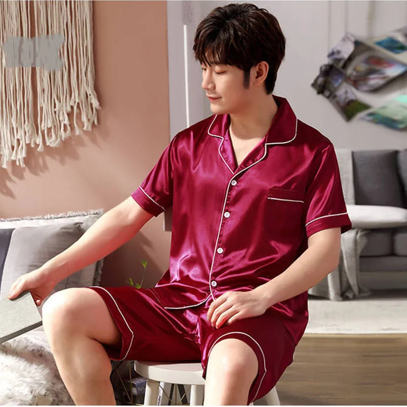 

Mens Silk Satin Pajama Set Summer Sleepwear Short Sleeve Shirt Elastic Waist Shorts Pyjama Suit Hot Lounge Plus Size 3XL 4XL 5XL
