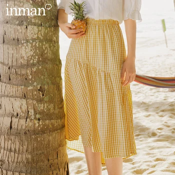

INMAN 2020 Summer New Arriavl Elastic Waist Literary Irregular Splicing A-line Plaid Skirt
