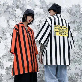 

Men's Summer Girls Lazy Wind Loose Lapel Half-Sleeve Shirt Popular Brand Vertical Striped Half-Sleeve Shirt