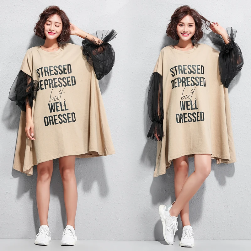 

Women European Casual Loose Style Fashion Summer Dress 2019 Unique Black Mesh Sleeve Plus Size Women Dresses