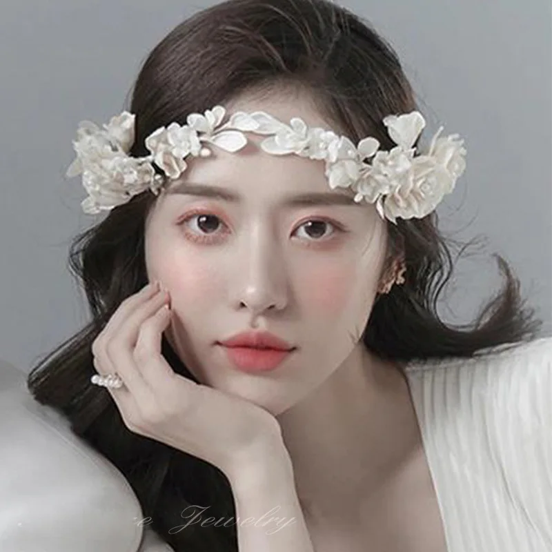 Beige Petal flower Garland Hair Hoop Tiara Bride Wedding Hairbands hair accessories