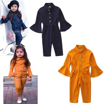 

Girl Jumpsuit 2020 New Flare Long Sleeves Shirt with Long Straight Pants Children Jumpsuit Fashion Casual Long Trousers 90-130cm