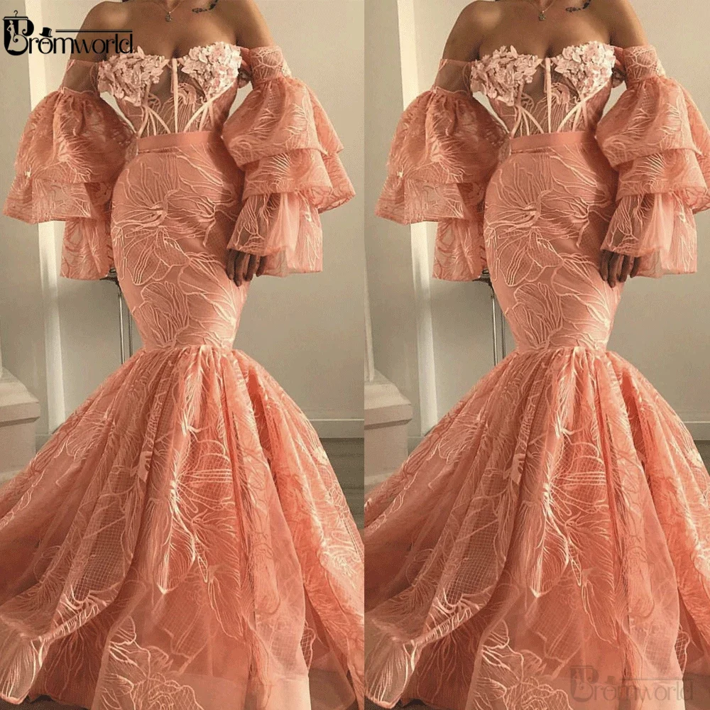 luxury evening dresses long sleeve orange lace appliqu&eacute; unique mermaid African evening gown