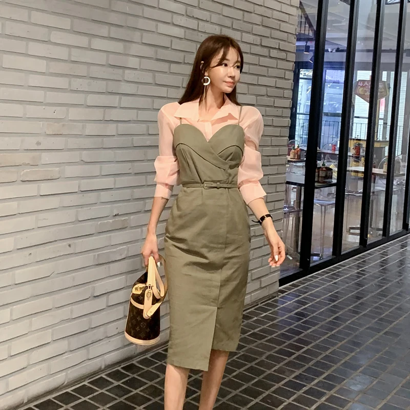 JSXDHK корейский женский спагетти ремень Bodycon карандаш платье Модный комплект из