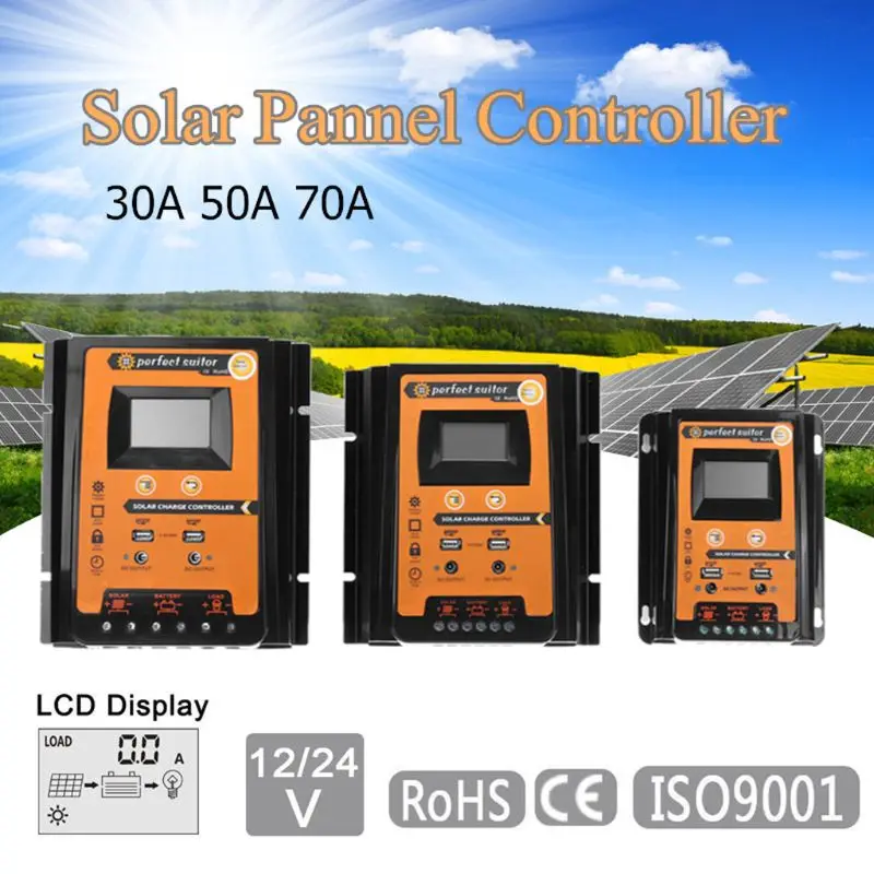 12 В 24 В 30A 50A 70A ШИМ Солнечный контроллер заряда солнечная панель регулятор батареи двойной USB ЖК-дисплей Контроллер заряда