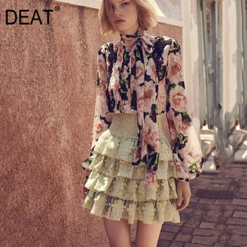 

DEAT 2020 new spring fashion women clothes lantern sleeves flower printed bow collar chiffon shirt blouse WK55100L