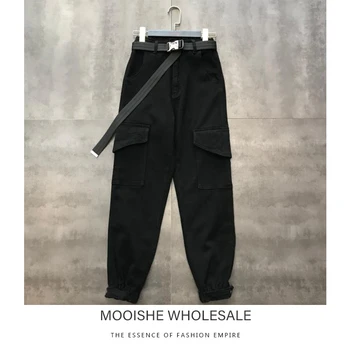 

Mooishe Spring Women Caigo Pants With Belt High Waist Black Harem Pants