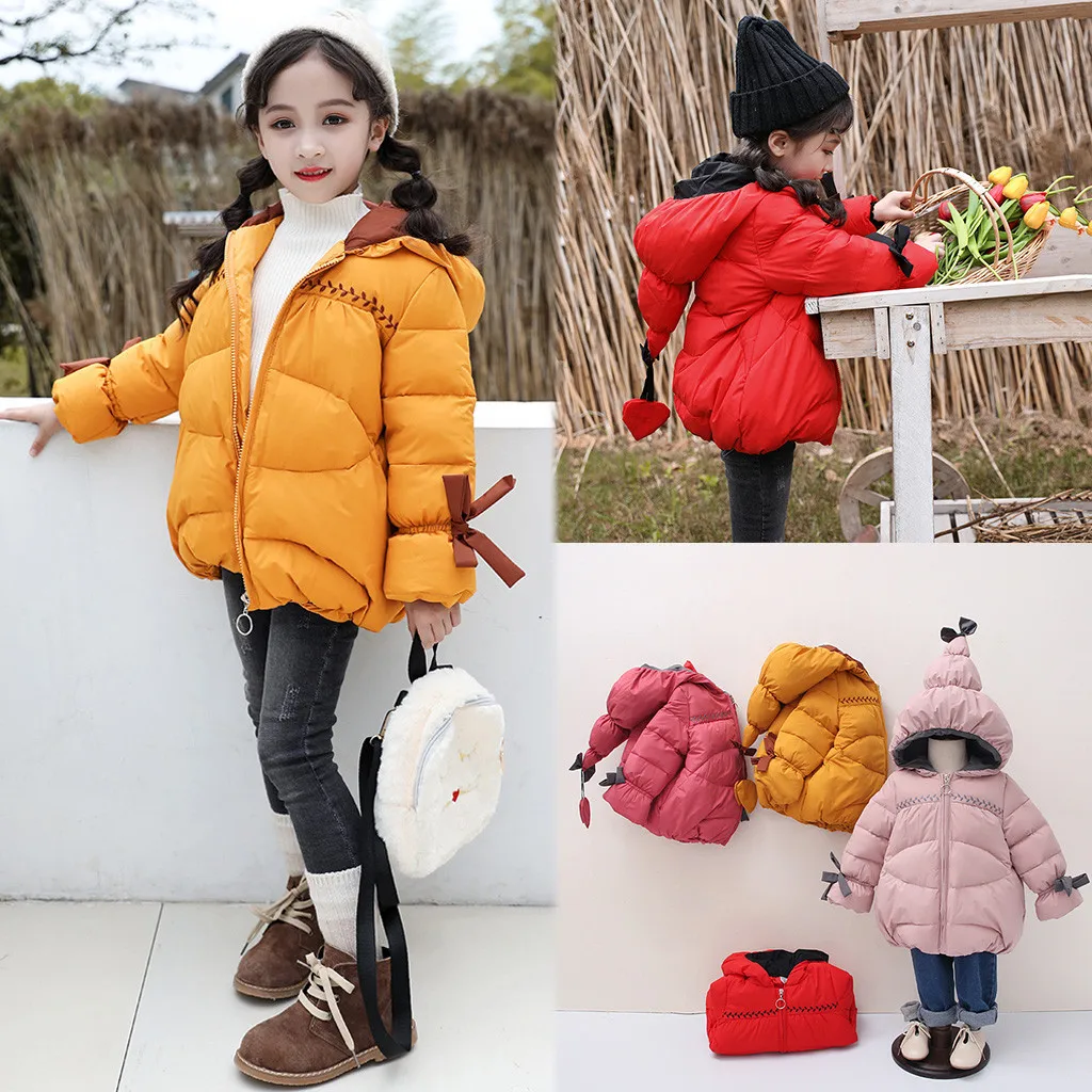 

2019 Autumn Winter Baby Girl Warm Outwear Jacket Children Fashion Bowknot Windproof Kids Solid Hooded Coat