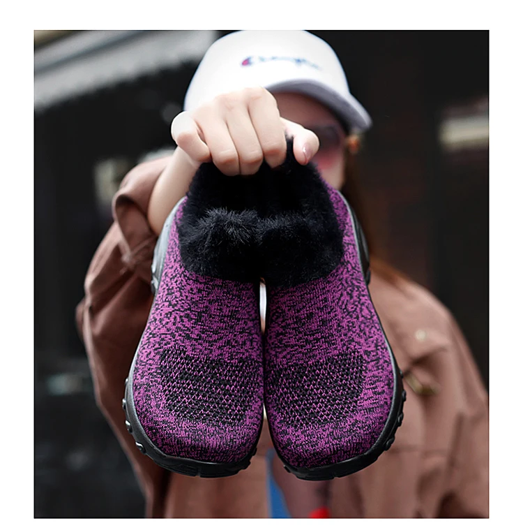 Winter Sneakers Womens Shoes Flats Platform Boots Plush Warm Walking Boots Flyknit Footwear Female Wedge Shoes Big Size 42
