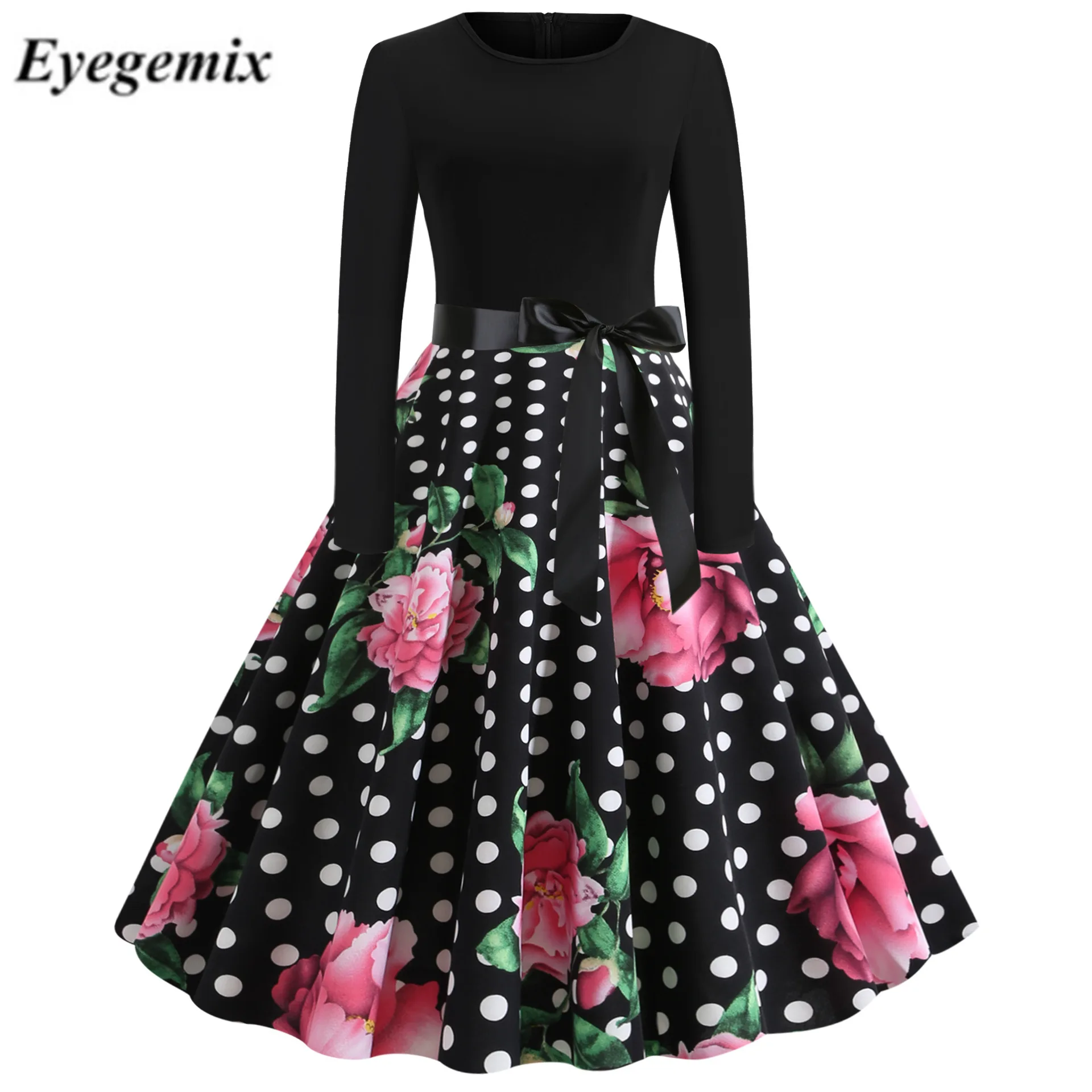 

Black Polka Dot Floral Print Retro Dress Long Sleeve Belts Autumn Winter Women Vintage Dress Rockabilly Swing Party Vestidos