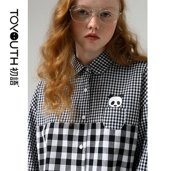 

Toyouth 2020 Srping Plaid Patchwork Shirt Women Black and White Preppy style Long Sleeve Shirt Loose Shirt Tops