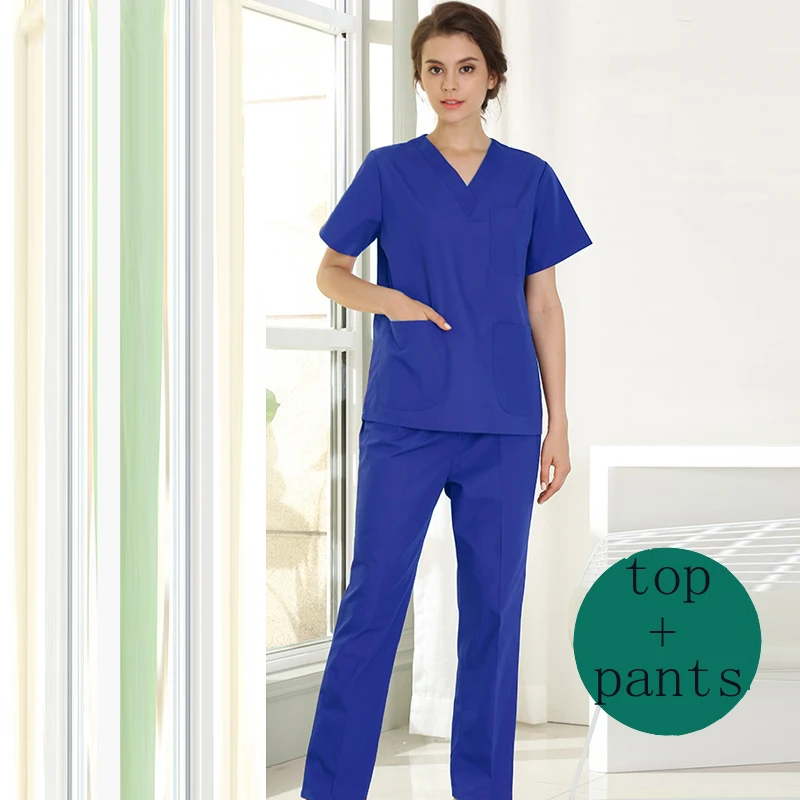 sapphireblue set Размер штекера, S-4XL, медицинская униформа, больница, доктор, короткий рукав, скраб, набор, стоматологическая клиника, красота, рабочая одежда, хлопок, для кормления, топ, штаны - Цвет: sapphireblue set
