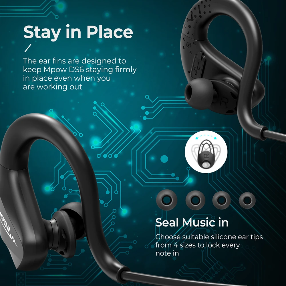 Mpow DS6 Wireless Headphones Bluetooth 5.0 Sport Earphone IPX6 Waterproof Earphones With Bass+ 9 Hours Playtime For iPhone X 7 6