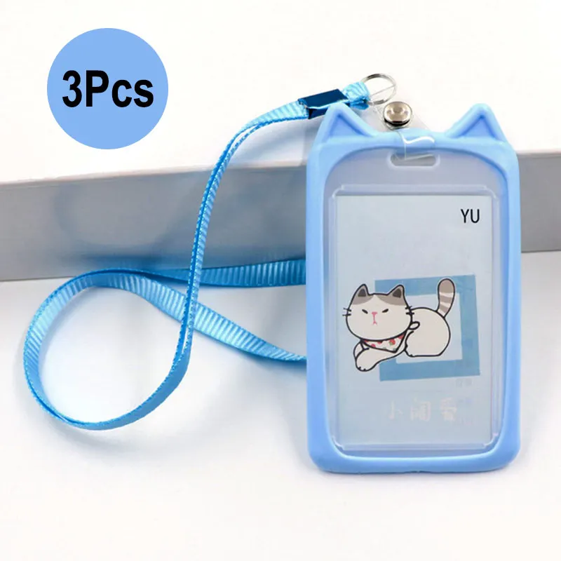 3Pcs/Set Cute Cat Silicone ID Card Protection Cover Case Lanyard Badge Holder Kids School Student Office Exhibit Work Neck Strap