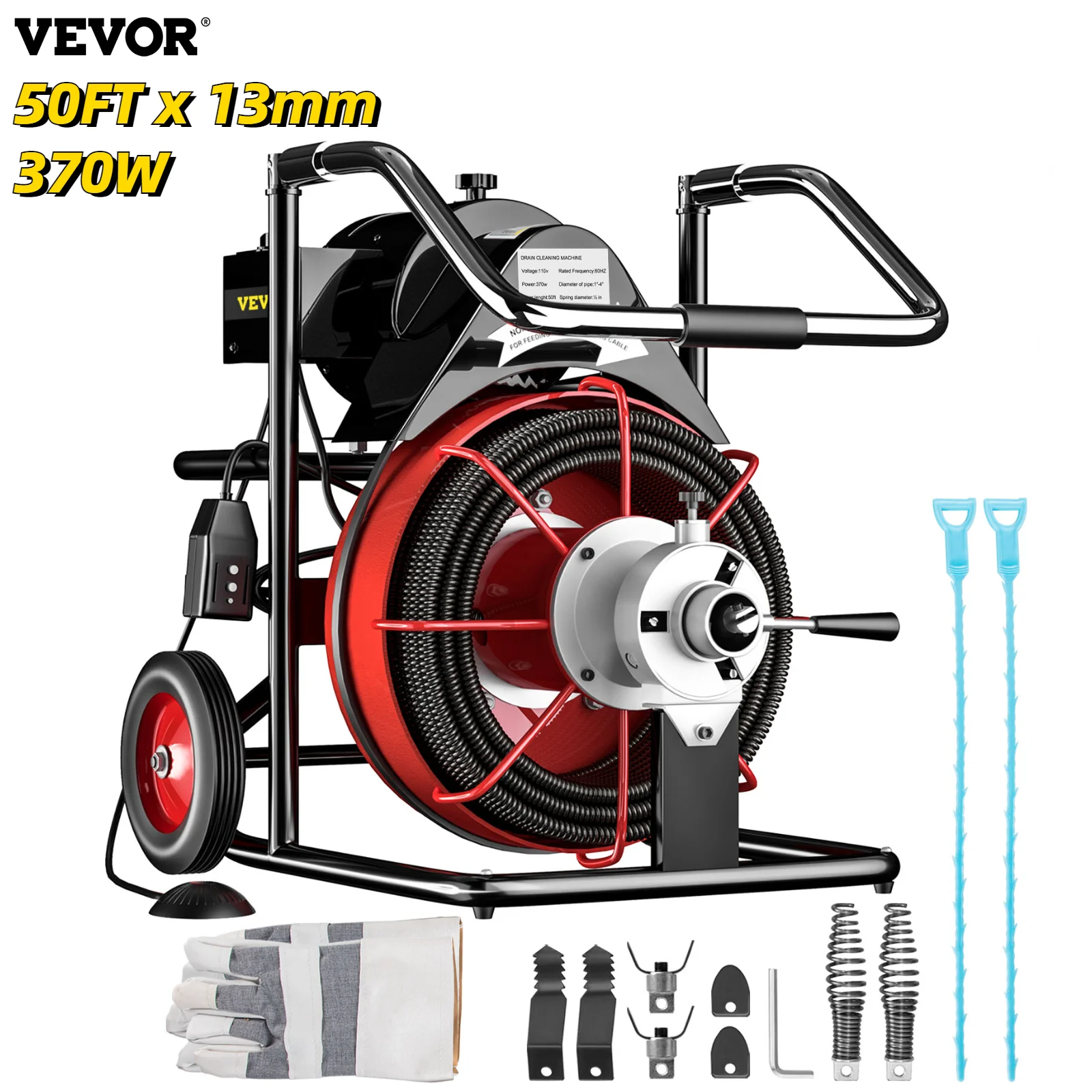 Vevor Electric Drain Auger Pipe Cleaner 50ft X 13mm Open Pipe Unblocker