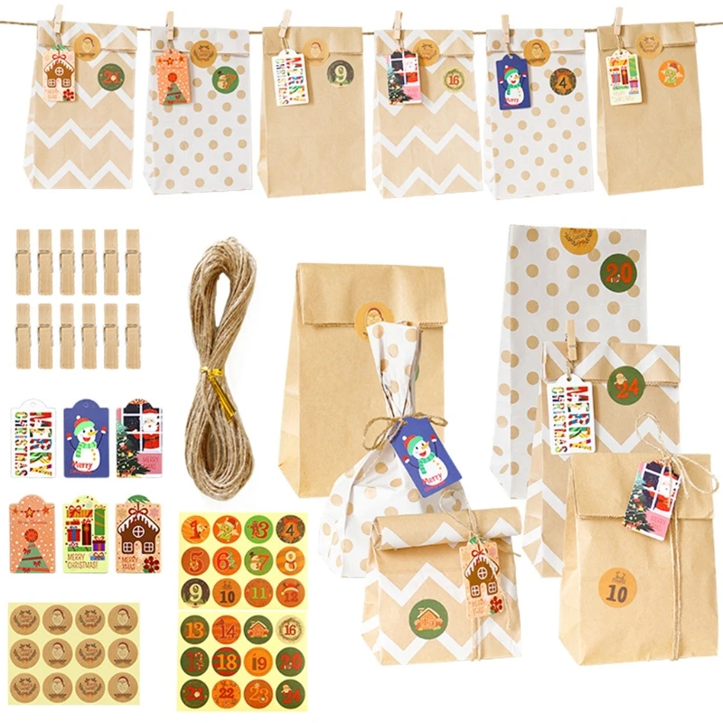 

24 Sets Christmas 1-24 Advent Calendar Kraft Candy Bag with Tags Clips Stickers Hemp Rope Gift Storage