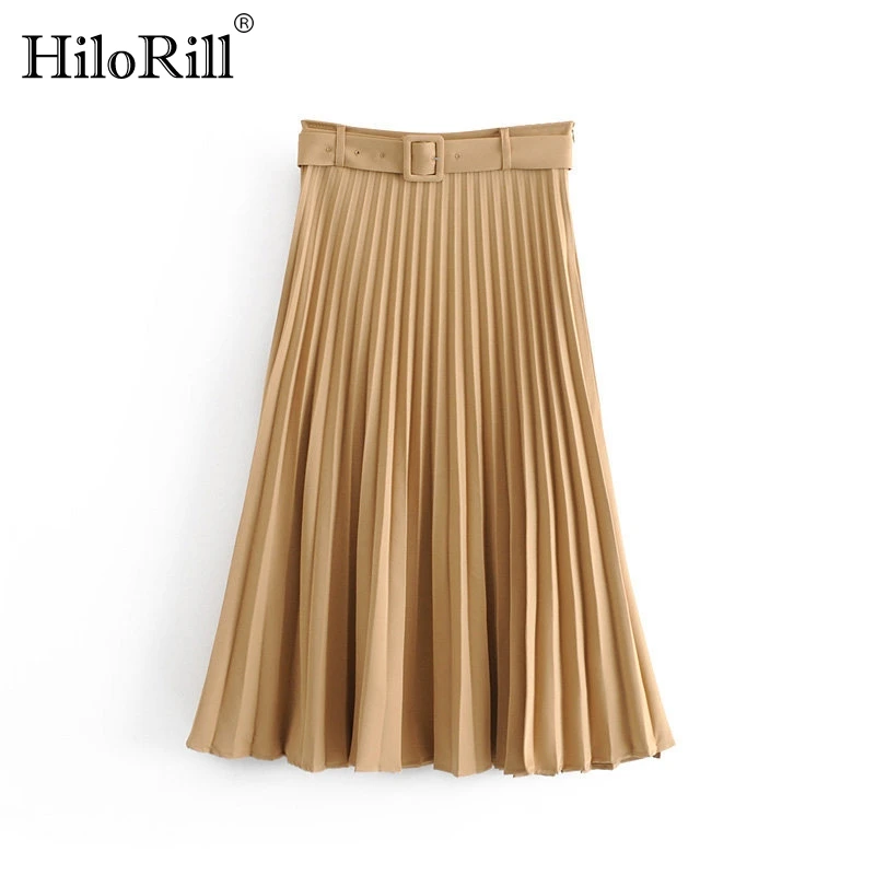 Solid Pleated Loose Skirt Sashes Mid Calf Skirts Womens High Waist Vintage Faldas Spring Autumn Pure High Quality Jupe Femme