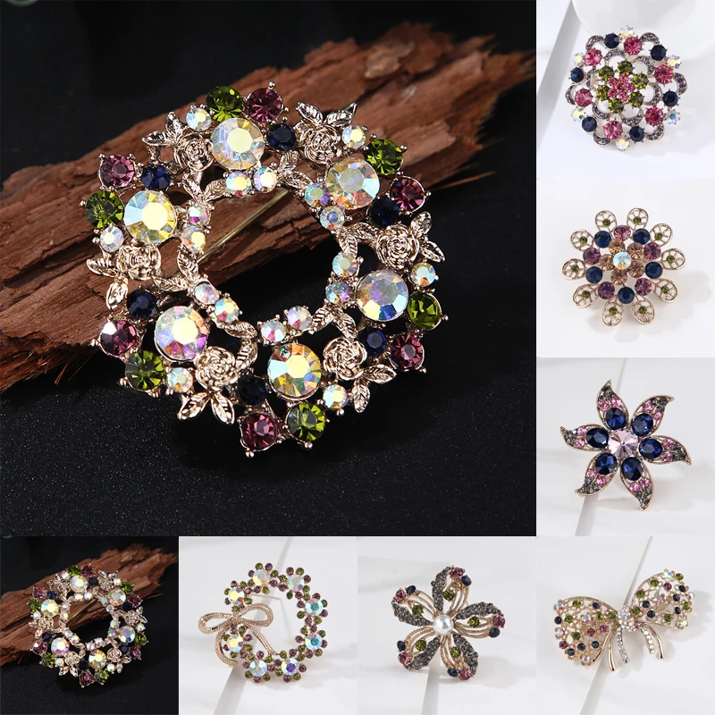 Colorful Rhinestone Brooch Crystal Wreath Flower Bow Brooch Pin Corsage Elegant Fashion Jewelry