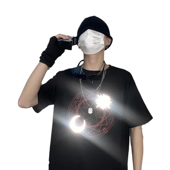 

Fashion Reflective Sun Moon Dark Style Party Streetwear shirt raper hiphop Punk skateboard Black tee Casual harajuku