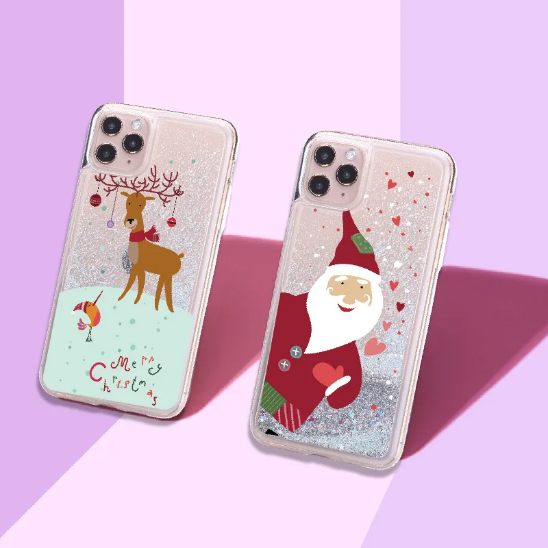 Cartoon Christmas Santa Claus Sparkle Liquid Glitter Phone Case Fundas Cover For iPhone 12 Mini 11 X XS XR Max Pro 7 8 8Plus | Мобильные