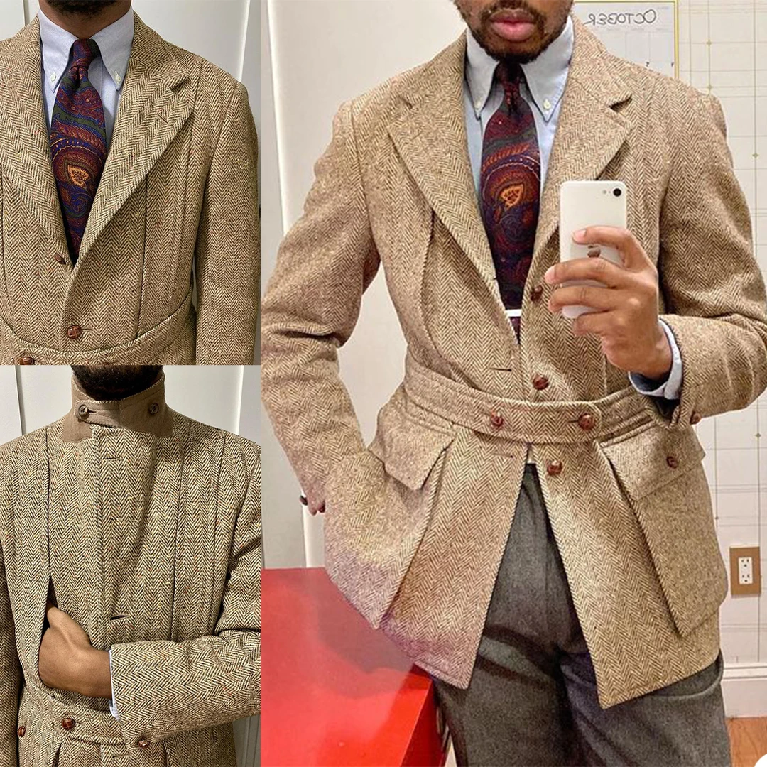 Mens Suits Smart Casual Men Tuxedos Made Handsome With Belt Blazer Business Wedding Party Groom Suit Coat 1 Piece