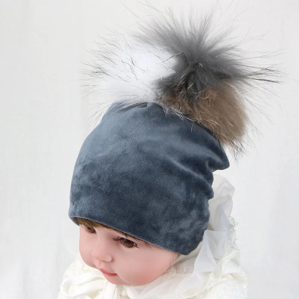 

Sunlikeyou Warm Velvet Soft Kids Hat Toddler Baby Beanies Removable Multicolor Real Raccoon Fur Pompom Baby Girl Winter Hat