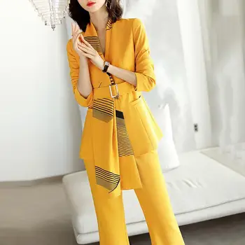 

Yellow 2 Piece Office Set Women Splicing Women Two Piece Outfits Office Lady Womens Clothing Asymmetric Woman Suit Outfits